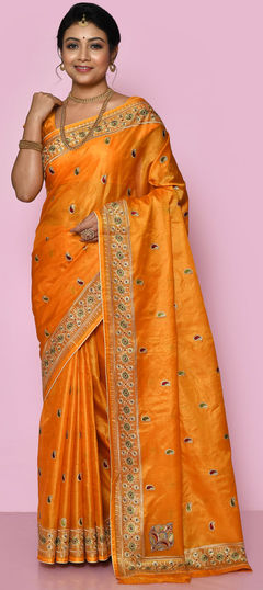 Yellow color Saree in Banarasi Silk, Silk fabric with Embroidered, Thread, Weaving, Zari work