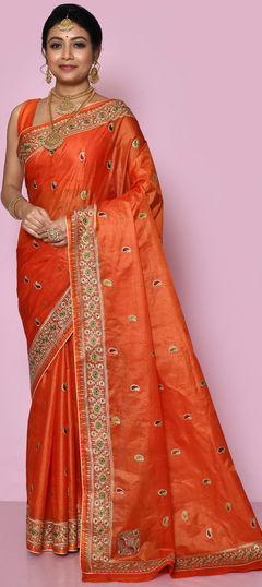 Orange color Saree in Banarasi Silk, Silk fabric with Embroidered, Thread, Weaving, Zari work