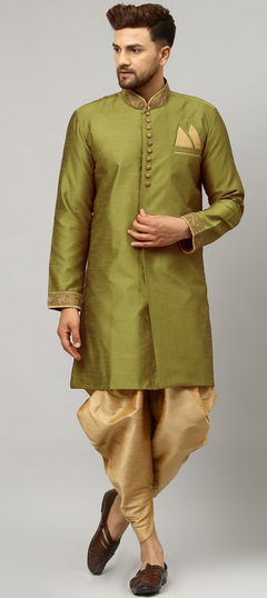 Green color IndoWestern Dress in Dupion Silk fabric with Thread work