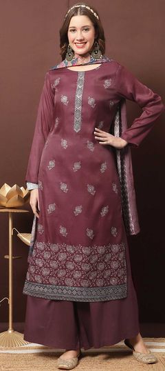 Red and Maroon color Salwar Kameez in Dolla Silk fabric with Printed, Resham work