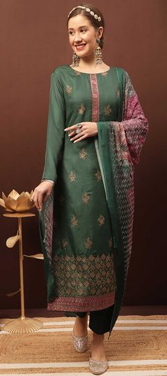 Green color Salwar Kameez in Dolla Silk fabric with Printed, Resham work