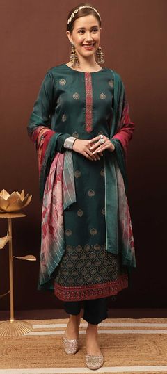 Blue color Salwar Kameez in Dolla Silk fabric with Printed, Resham work