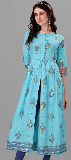 Casual Blue color Kurti in Rayon fabric with Long Sleeve, Slits Printed work : 1854022