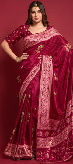 Red and Maroon color Saree in Art Silk, Silk fabric with Foil Print work