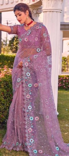 Reception, Wedding Pink and Majenta color Saree in Net fabric with Classic Embroidered, Sequence, Thread work : 1854219