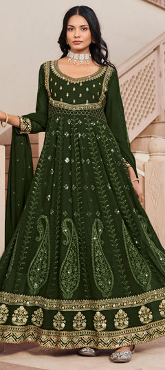 Green color Salwar Kameez in Georgette fabric with Embroidered, Resham, Sequence, Thread, Zari work