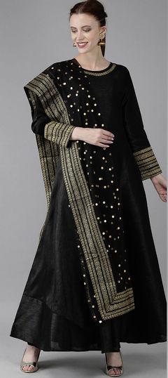 Black and Grey color Kurti in Poly Silk fabric with Thread work