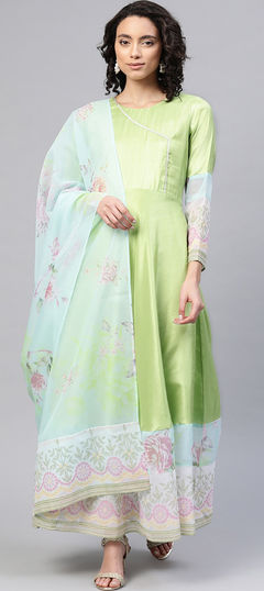 Green color Kurti in Poly Silk fabric with Digital Print work