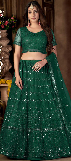 Green color Lehenga in Net fabric with Embroidered, Mirror, Sequence, Thread, Zari work