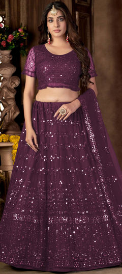 Purple and Violet color Lehenga in Net fabric with Embroidered, Mirror, Sequence, Thread, Zari work