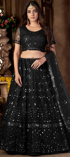 Black and Grey color Lehenga in Net fabric with Embroidered, Mirror, Sequence, Thread, Zari work