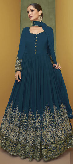 Mehendi Sangeet, Reception Blue color Salwar Kameez in Georgette fabric with Anarkali Embroidered, Sequence, Thread, Zari work : 1854517