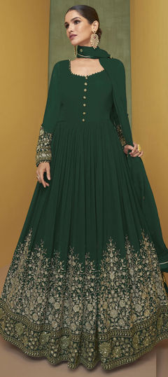 Mehendi Sangeet, Reception Green color Salwar Kameez in Georgette fabric with Anarkali Embroidered, Sequence, Thread, Zari work : 1854523