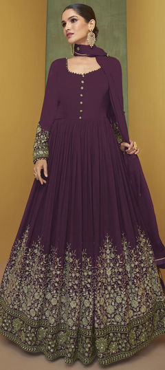 Mehendi Sangeet, Reception Purple and Violet color Salwar Kameez in Georgette fabric with Anarkali Embroidered, Sequence, Thread, Zari work : 1854525