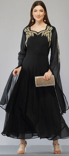 Party Wear Black and Grey color Kurti in Georgette fabric with Anarkali, Long Sleeve Embroidered, Thread work : 1854540