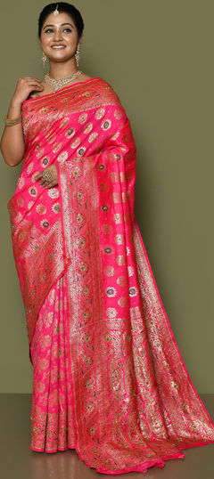 Pink and Majenta color Saree in Georgette fabric with Stone, Weaving work