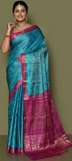 Blue color Saree in Kanjeevaram Silk, Silk fabric with Weaving work