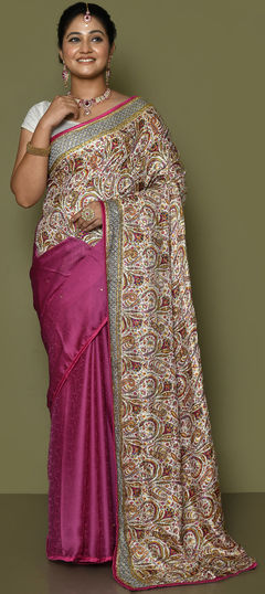 Beige and Brown, Pink and Majenta color Saree in Art Silk, Silk fabric with Printed, Stone work