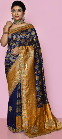 Bridal, Traditional, Wedding Blue color Saree in Kanjeevaram Silk, Silk fabric with South Stone, Weaving work : 1854576