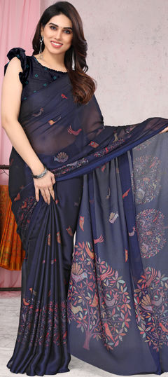 Blue color Saree in Chiffon fabric with Printed work