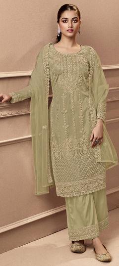 Green color Salwar Kameez in Net fabric with Embroidered, Thread, Zari work