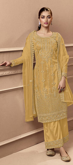 Yellow color Salwar Kameez in Net fabric with Embroidered, Thread, Zari work