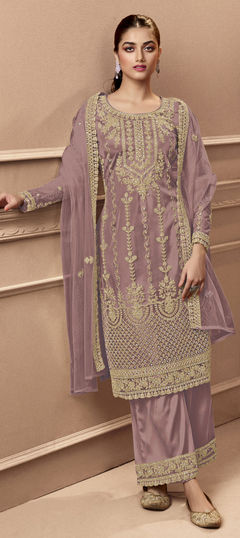 Purple and Violet color Salwar Kameez in Net fabric with Embroidered, Thread, Zari work