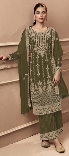 Green color Salwar Kameez in Net fabric with Embroidered, Thread, Zari work