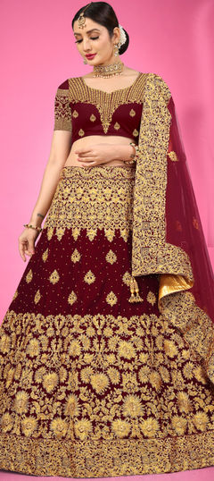 Red and Maroon color Lehenga in Velvet fabric with Bugle Beads, Stone, Zari work