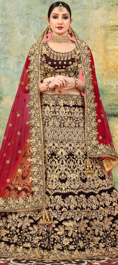 Red and Maroon color Lehenga in Velvet fabric with Bugle Beads, Stone, Zari work