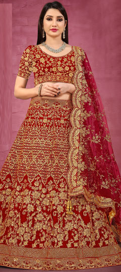 Red and Maroon color Lehenga in Velvet fabric with Bugle Beads, Stone, Zari work