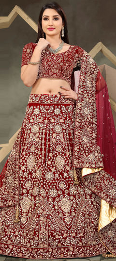 Red and Maroon color Lehenga in Velvet fabric with Bugle Beads, Stone, Zari work