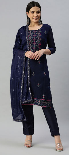 Blue color Salwar Kameez in Cotton fabric with Embroidered, Resham, Thread work