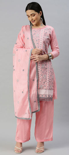 Party Wear Pink and Majenta color Salwar Kameez in Cotton fabric with Straight Embroidered, Resham, Thread work : 1854738