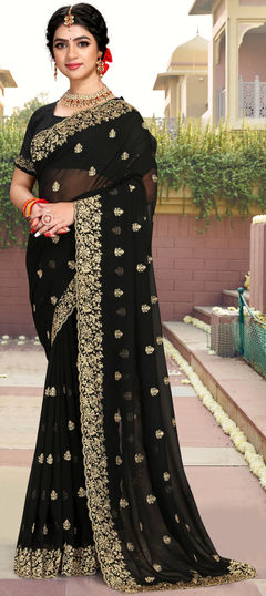 Black and Grey color Saree in Georgette fabric with Embroidered, Stone, Thread, Zari work