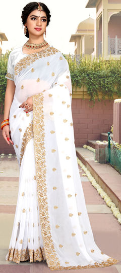 White and Off White color Saree in Georgette fabric with Embroidered, Stone, Thread, Zari work