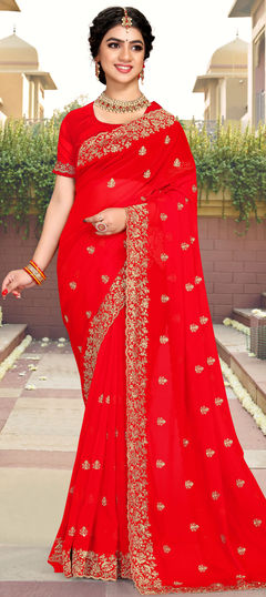 Red and Maroon color Saree in Georgette fabric with Embroidered, Stone, Thread, Zari work