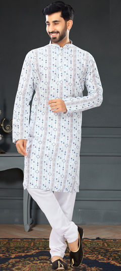 White and Off White color Kurta Pyjamas in Art Silk fabric with Digital Print, Sequence, Thread work