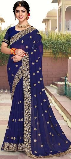 Blue color Saree in Georgette fabric with Embroidered, Stone, Thread, Zari work