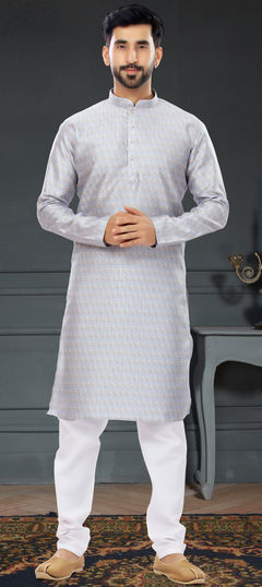 Black and Grey color Kurta Pyjamas in Art Silk fabric with Digital Print, Sequence, Thread work