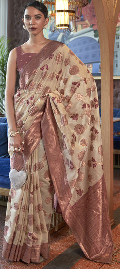 Beige and Brown color Saree in Organza Silk, Silk fabric with Weaving work