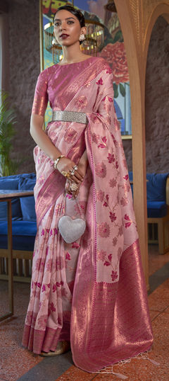 Pink and Majenta color Saree in Organza Silk, Silk fabric with Weaving work