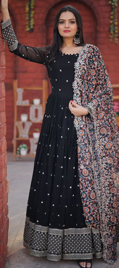 Party Wear Black and Grey color Gown in Georgette fabric with Thread, Zari work : 1855112