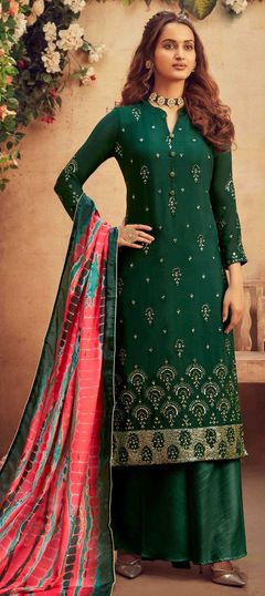 Green color Salwar Kameez in Crepe Silk fabric with Embroidered, Stone, Zari work