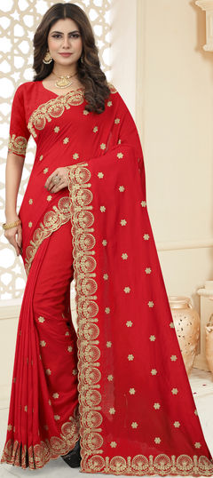 Red and Maroon color Saree in Blended, Silk fabric with Embroidered, Zari work