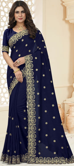 Blue color Saree in Blended, Silk fabric with Embroidered, Zari work