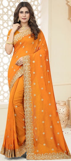 Yellow color Saree in Blended, Silk fabric with Embroidered, Zari work