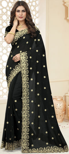 Black and Grey color Saree in Blended, Silk fabric with Embroidered, Zari work