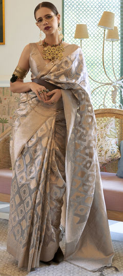 Black and Grey color Saree in Tissue fabric with Printed work