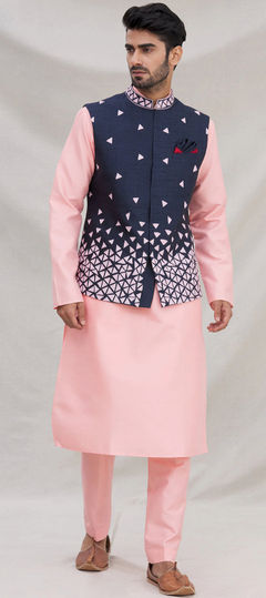 Pink and Majenta color Kurta Pyjama with Jacket in Art Silk fabric with Embroidered, Thread work